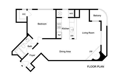 Floor plan for 1 bed, 1 bath, 863 sqft
